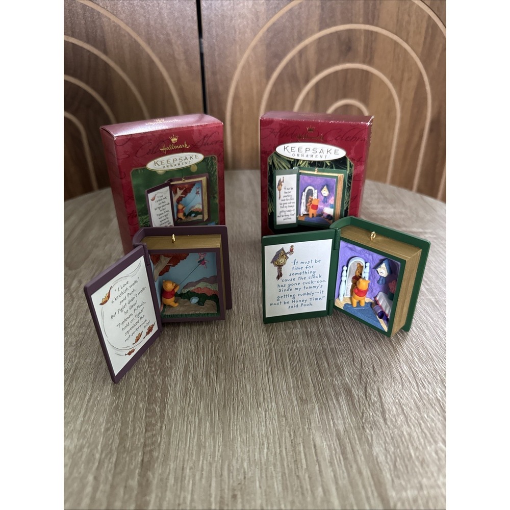 2 Winnie the Pooh Hallmark Ornaments Honey Time, Blustery Day Vtg